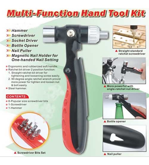 Multi Function Home Emergency Tools Kit Ratchet Screwdriver Head Nail Opener Functional Safety Hammer